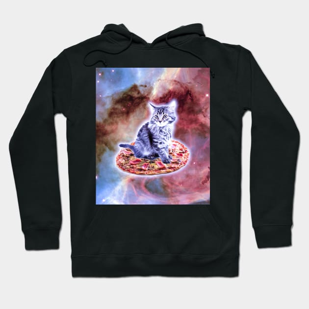 Galaxy Kitty Cat Riding Pizza In Space Hoodie by Random Galaxy